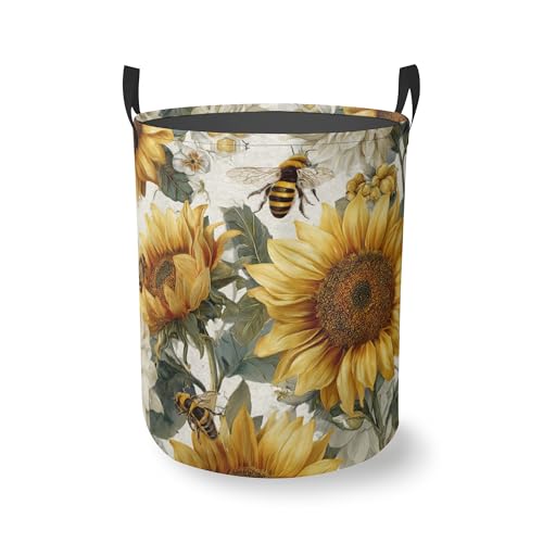Laundry Hamper Foldable Oxford Cloth Sunflower Bee Laundry Basket With Handle Portable Clothes Storage Organizer Basket Storage Bag For Laundry Room/Bedroom/Bathroom - color: Sunflower Bee