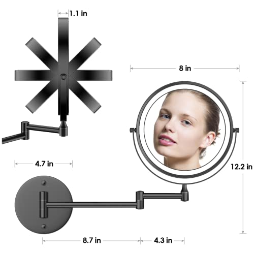 Rocollos Rechargeable Wall Mounted Lighted Makeup Mirror, 8 Inch Double-Sided LED Vanity Mirror 1X/10X Magnification,3 Color Lights Touch Screen Dimmable 360°Swivel 13 Inch Extendable - color: 8 Inch Black