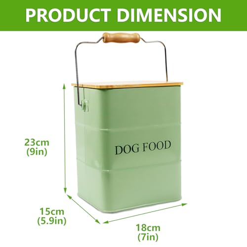 Morezi Dog Treat and Food Storage tin with Wooden lid and Scoop Included - White Powder - Carbon Steel - Dog Food bin - pet Food Container Storage Canister Green - color: Green