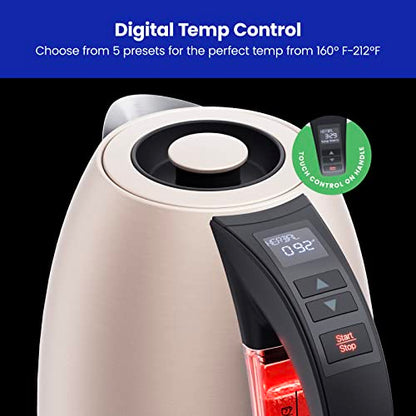 Chefman Electric Tea Kettle, 1.8 Liter Hot Water Electric Kettle Temperature Control Water Boiler with 5 Presets, Tri-Colored LED Lights, Keep Warm, Automatic Shutoff, Rose - color: Rose, style: Stainless Steel