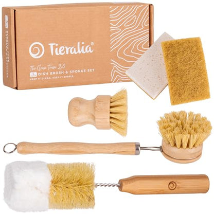 Tieralia Bamboo Dish Brush Set 5 Piece – Eco Friendly Kitchen Cleaning Kit with Bottle Brush, Long Dish Brush, Palm Scrubber & 2 Plant-Based Sponges | Plastic-Free Natural Dish Scrubber
