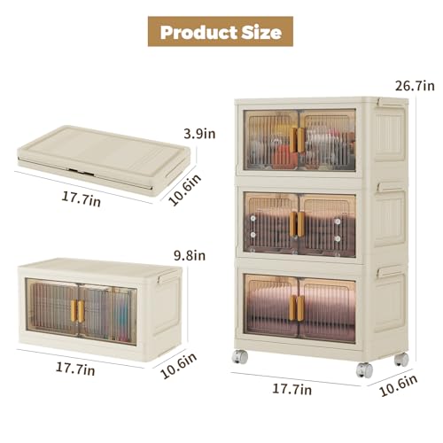 3 Tier Stackable Plastic Storage Bins with Lids 28QT, Collapsible Closet Organizers and Storage with Wheels for Living Room,Office,Dorm - size: 22Gal-3pack