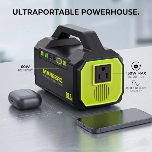 MARBERO Portable Power Station 88.8Wh Camping Portable Charger with Flashlight High Lumens Fast Charging Power Bank with AC Outlet 100W (150W Surge) for Hiking Hurricane Backup Emergencies - color: Yellow Green