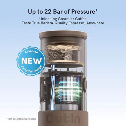 OutIn Mino with Fino, Portable Electric Espresso Machine with Portable Electric Coffee Grinder (Green & Brown)