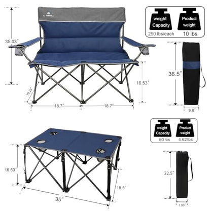 Camping Chair Set of 3, Outdoor Folding Camping Chairs for Heavy People with Cup Holder & Carry Bag,Collapsible Chair Include One Sofa Chair and Two Single Chair,Support up to 500lbs - color: Blue-4pcs