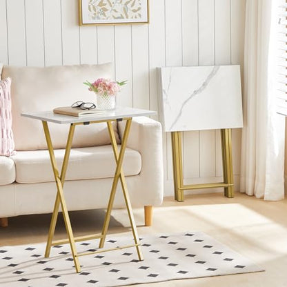 HOOBRO Folding TV Tray Tables, Set of 4 TV Trays with Storage Rack, Industrial Side Table for Eating at Couch, Foldable Snack Table for Small Space, Easy Assembly, Marble and Gold DM50BZ01 - color: Marble + Gold