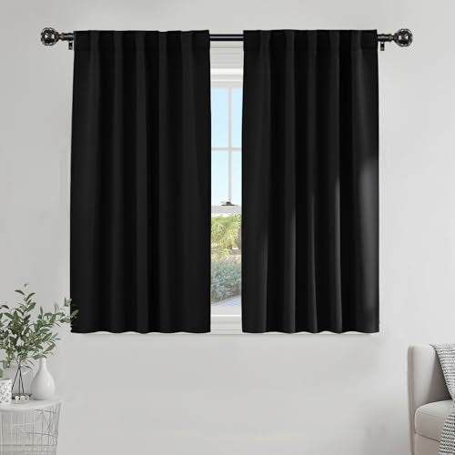 PONY DANCE Short Blackout Curtains 54 Inches Long, Black Blackout Drapes for Kitchen, Room Darkening Curtains for Bathroom, 34x54 Inch, Black, 2 Panels - color: Black, size: 34"W x 54"L (Pack of 2)