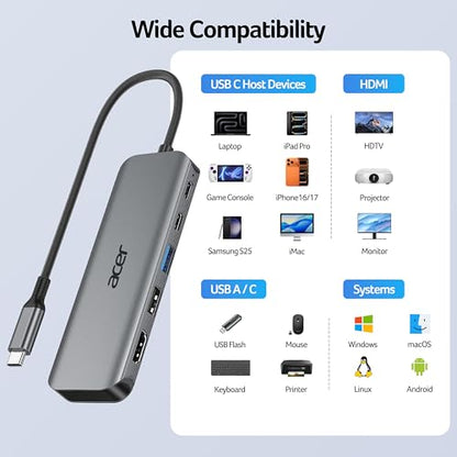 Acer USB C Hub, 5-in-1 USBC to HDMI Adapter with 4K@60Hz, 100W Power Delivery, USB-C 5Gbps & USB-A 3.0 Data Ports, USBC Splitter Docking Station for MacBook Neo/Pro/Air, iPad Pro, iPhone 17 Pro Max