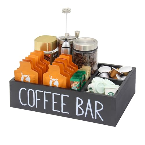 Coffee Station Organizer with Removable Dividers Disposable Cup Holder Wooden Countertop Organizer for Tea Condiment Accessories Storage Farmhouse Bar Decor Black (Black) - color: Black