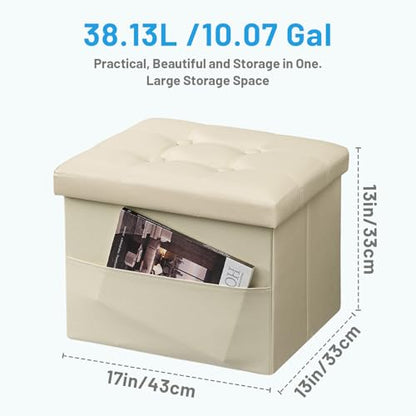 Bsketa Storage Ottoman Foot Rest Stool, Small Leather Storage Ottomans Bench, Folding Footstool with Side Pockets, Foot Rest Under Desk for Living Room Bedroom, 17x13x13 in, Beige - color: Beige-with Side Pockets..