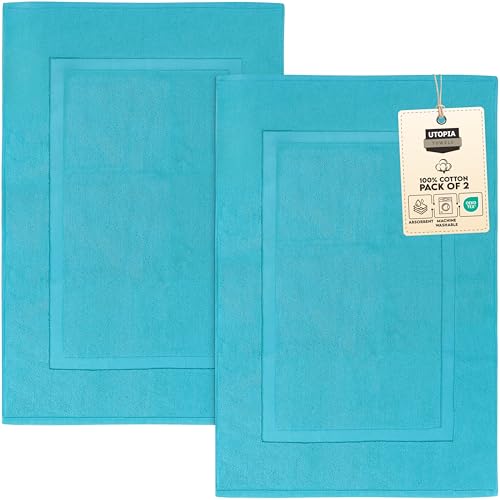 Utopia Towels Cotton Banded Rug, Bath Mats, Not a Bathroom Rug, 21 by 34 Inches, 100% Ring Spun Cotton, Highly Absorbent Shower Bathroom Floor Mat, Turquoise, 2 Pack - color: Turquoise