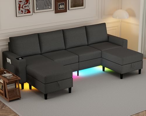 Sectional Couches for Living Room, 109" U Shaped Cloud Couch with Chaise Lounge/Storage Ottoman, 4 Seat Linen Sectional Sofa with Smart Module-Wireless Charging/USB/Type-C/RGB Lights (Dark Grey) - color: Dark Grey, size: Softened Linen
