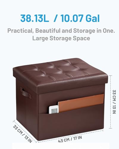 Bsketa Storage Ottoman Foot Rest Stool, Small Leather Storage Ottomans Bench, Folding Foot Stool with Handles Lid, Foot Rest Under Desk for Living Room Bedroom, 17x13x13 in, Brown - color: Brown-1 Pack