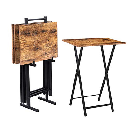 HOOBRO Folding TV Tray Tables, Set of 4 TV Trays with Storage Rack, Industrial Side Table for Eating at Couch, Foldable Snack Table for Small Space, Easy Assembly, Rustic Brown and Black BF50BZ01 - color: Rustic Brown + Black