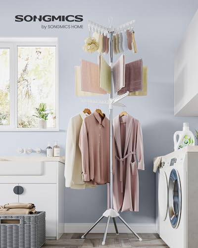 SONGMICS 3-Tier Clothes Drying Rack, 82.7-Inch Folding Laundry Drying Rack with 11 Rotatable Arms for Hangers, 24 Clips, Stainless Steel, for 27 Pieces of Clothes, White and Silver ULLR513W01 - color: White + Silver, style: 3-Tier