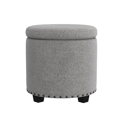 HomePop 18.5" Round Storage Ottoman with Nailheads - Grey Woven - color: Grey Woven