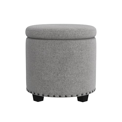 HomePop 18.5" Round Storage Ottoman with Nailheads - Grey Woven - color: Grey Woven