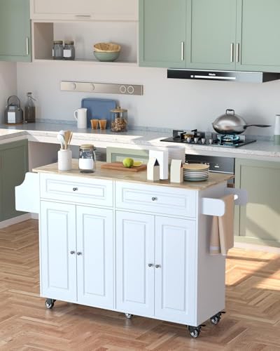 QSun Kitchen Island on Wheels Kitchen Cart with Rubber Wood Top, Mobile Kitchen Island with Double Storage Cabinet and Drawers, Island Table for Kitchen (White) - color: White