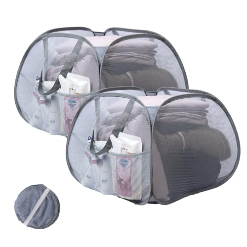 Collapsible Laundry Basket, 90L Foldable Pop Up Laundry Hamper with Handles, Mesh Dirty Clothes Hamper for Laundry, Bathroom, Kids Room, Dorm,Travel or Camping (Gray, 2PCS) - color: Gray, size: Square-Mesh，2 Pack