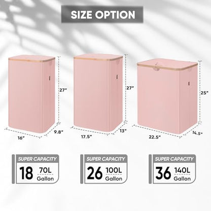 BALEINE Laundry Hamper with Lid, Tall Laundry Baskets with Bamboo Pull Handles, Large Laundry Bin with Internal Support (26 Gal/100L, Pink) - color: Pink, size: 100 liters