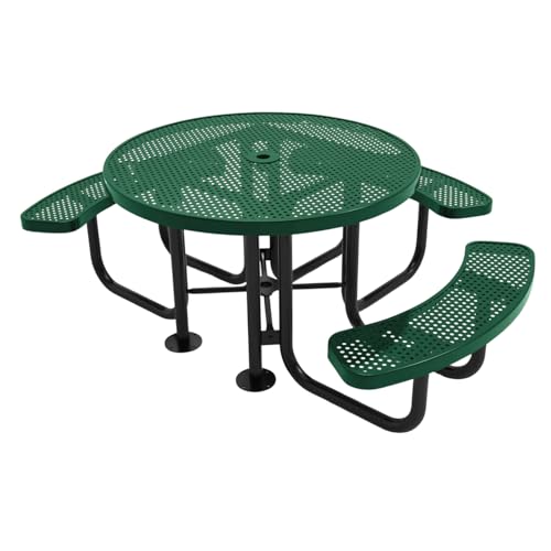 COATEDOUTDOORFURNITURE Heavy-Duty Portable Outdoor Picnic Table with Umbrella Hole, Punched Steel Patio Dining Furniture Made in America (46" Round Top, Textured Green) - color: Textured Green, size: 46 In, Round 3-Seat, Punched Steel
