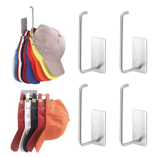 Hat Racks for Baseball Caps 4 Pack, Stainless Steel Adhesive Hat Hanger Hooks Holder for Wall, Multi-Purpose Strong Hook Organizer Can Hold More Than 40 Hats for Door/Closet - color: 4 Pack Silver