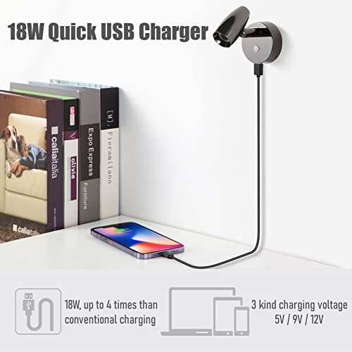 RV Reading Light 12V Swivel LED Spotlight with Quick USB Charger & Blue Nightlight, Camper Van Travel Trailer Bedroom Reading Light, 3-1/2" Length,12-24VDC Hard-Wired (Gloss Black) - color: Gloss Black with Nightlight