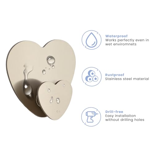 Heart Hooks Multipurpose Hooks 4 Coat Hooks with Adhesive Backing Damage-Free Hanging and No Tools for Jewelry, Necklaces, Hats, Bags, Dog Leashes, Scarves (Silver)