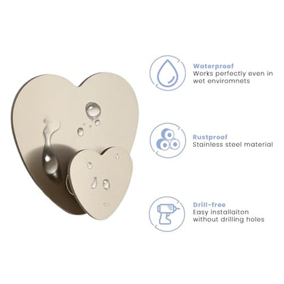Heart Hooks Multipurpose Hooks 4 Coat Hooks with Adhesive Backing Damage-Free Hanging and No Tools for Jewelry, Necklaces, Hats, Bags, Dog Leashes, Scarves (Silver)