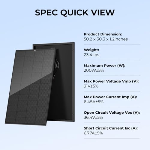 BougeRV 200 Watt Anti-Shading Solar Panel, N-Type 16BB Mono 200W Solar Panel 25% High-Efficiency for 12V/24V System, RV, Roof, Camping, Marine, Cabin, Off-Grid, Home, Golf Cart (1 Pack)