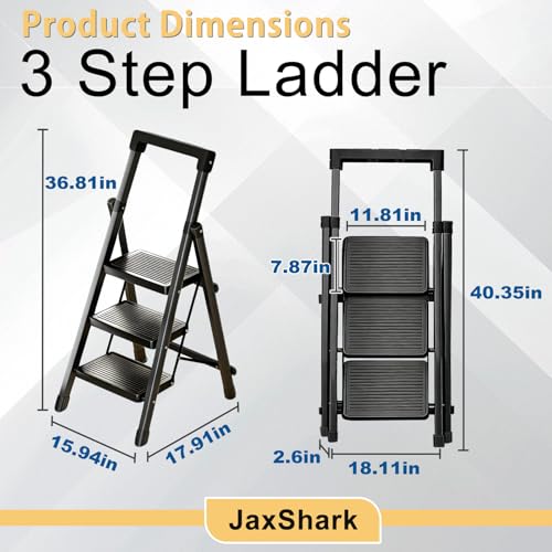3 Step Ladder with Handrail Folding Step Stool with Tool Tray | 500LBS Capacity Sturdy Carbon Steel Frame Anti-Slip Stripe Pedal for Home Kitchen Garage (black-3step) - color: Black-tool, size: 3 step