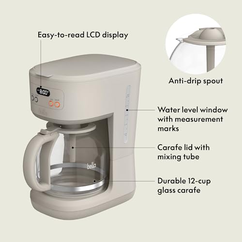 BELLA 12 Cup Programmable Coffee Maker, Reusable Dishwasher Safe Accessories, Easy LCD display, Auto Shutoff, 900 watt, Oatmilk - color: Oatmilk