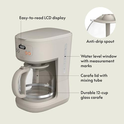 BELLA 12 Cup Programmable Coffee Maker, Reusable Dishwasher Safe Accessories, Easy LCD display, Auto Shutoff, 900 watt, Oatmilk - color: Oatmilk