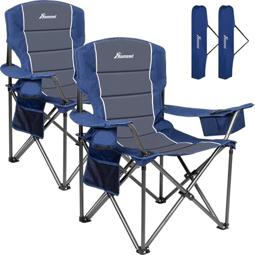Romswi Oversized Camping Chairs,Heavy Duty Support 500 LBS,Padded Back & Arm Sport Chairs, Cup Holder Cooler Bag, Collapsible Folding Chairs for Outdoor, Fishing & Garden, Blue,2-Pack - color: Blue, style: XL Large
