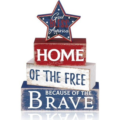 Huquary 4 Pcs 4th of July Decorations Patriotic Memorial Day Table Sign Independence Day Table Wood Decorations Red White Blue Block for Office Tiered Tray Home Shelf 250th Anniversary(Retro Star)