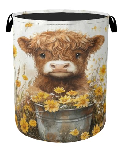 Cute Highland Cow Flower Foldable Canvas Laundry Basket with Handles - Storage Organizer, Heavy Duty for Home，Bedroom, Dorm, Bathroom - color: Cute Highland Cow Flower