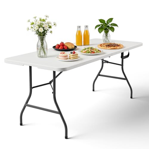 6ft Folding Table with Handle, Heavy Duty Plastic Table, 300 lbs Portable Table, Reinforced Steel Legs, High Density Plastic, Ideal for Parties, Picnics, Weddings, Camping White - color: White, size: 6FT