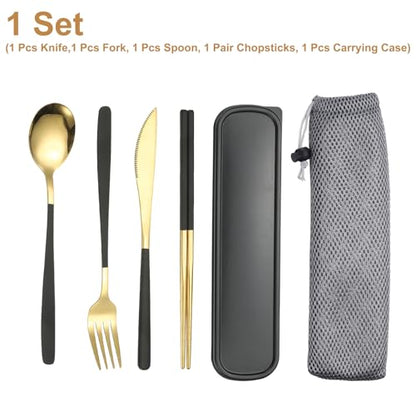 uxcell Travel Utensils with Case, Stainless Steel Portable Silverware, Black/Gold - color: Black/Gold