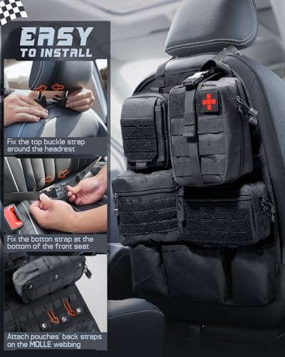 WYNEX Car Seat Back Organizer Set, Universal Vehicle Accessories Molle Panel Detachable 4 Tactical Pouches - Medical, Phone, Admin Storage Bag for Road Trips, Fits Most Cars, SUVs, Trucks