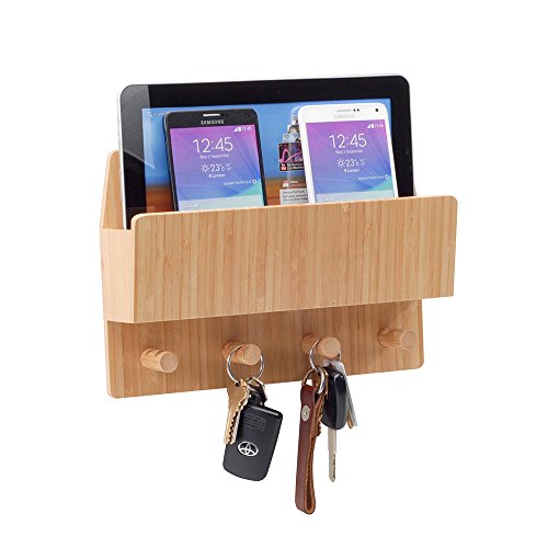 Bamboo Pet Supply Organizer All-in-One Wall Mounted Dog Leash Holder/Rack Extra Space Compartment for Storage of pet Essentials Treats/Keys/Toys