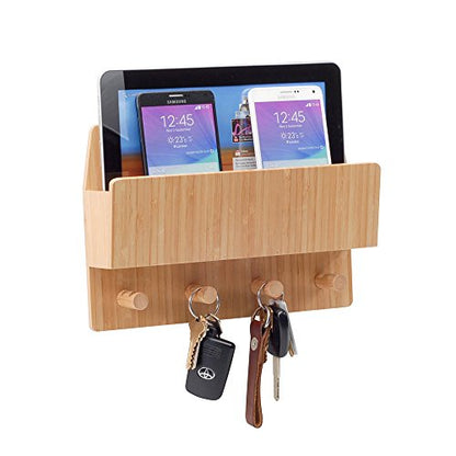 Bamboo Pet Supply Organizer All-in-One Wall Mounted Dog Leash Holder/Rack Extra Space Compartment for Storage of pet Essentials Treats/Keys/Toys