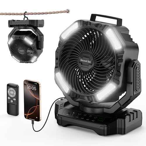 Socool 40000mAh Camping Fan Rechargeable, Battery Operated Portable Outdoor Fan Remote, 136Hrs & 4-Speed Cordless Oscillating, Table Fan with Light & Timer for Tent RV Jobsite Hurricane Power Outage - color: Black, size: 10inch