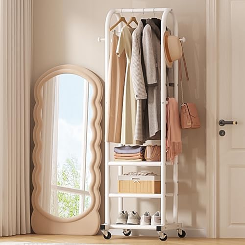 Dttwacoyh Metal Clothing Rack with Wheels and Hanging Hooks,Narrow Coat and Shoe Rack,Small Hall Tree,for Small Space, Bedroom, entryway, Walk-in Closet, Laundry Room- White - color: White