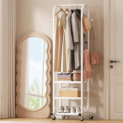 Dttwacoyh Metal Clothing Rack with Wheels and Hanging Hooks,Narrow Coat and Shoe Rack,Small Hall Tree,for Small Space, Bedroom, entryway, Walk-in Closet, Laundry Room- White - color: White