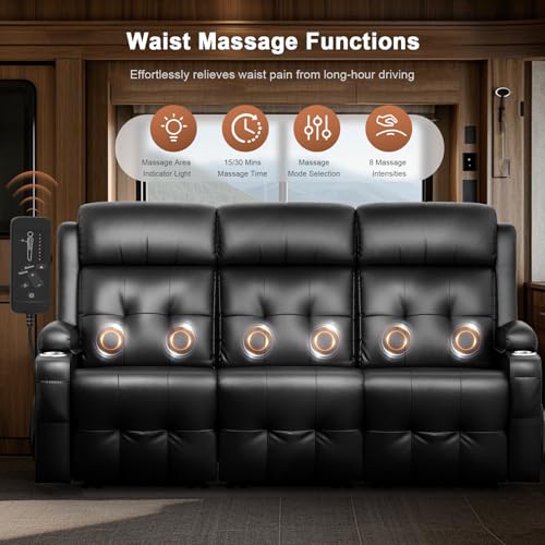 RV Loveseat Recliner Sofa, 3 Seat Wall Hugger Massage Reclining RV Couch with USB, Insert Pockets, Cup Holders, 150° RV Recliners Sleeper Sofa for RV Furniture & Home Theater Seating - color: Black, size: 3 Seat-G1