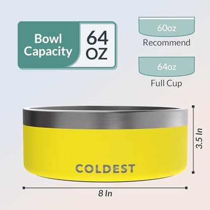 Coldest Dog Bowl - Anti Rust Metal, Non Slip, 3 Layers Insulated Stainless Steel Dog Bowls - Spill Proof & Heavy Duty - Water Bowl for Dogs, Cats & Pets, Dish Washer Safe (64 oz, Solar Yellow) - color: Solar Yellow, size: 64 oz