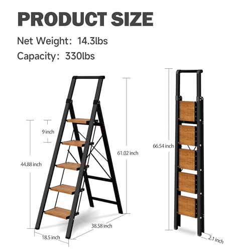 5 Step Ladder, Lightweight Folding Step Stool with Anti-Slip Aluminum Wide Pedal& Convenient Handgrip, 330lbs Capacity Steel Ladder for Household and Office (Black&Woodgrain) - color: Black&woodgrain, size: 5 Step