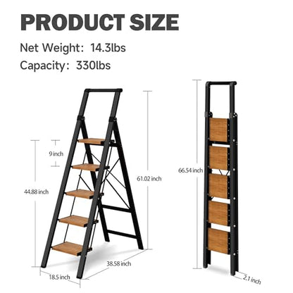 5 Step Ladder, Lightweight Folding Step Stool with Anti-Slip Aluminum Wide Pedal& Convenient Handgrip, 330lbs Capacity Steel Ladder for Household and Office (Black&Woodgrain) - color: Black&woodgrain, size: 5 Step