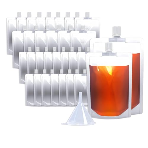30PCS 8&16OZ Plastic Flasks,Reusable Drink Pouches with Funnel,Spouted Drinking Bags for Liquid Beverage Juice,Leak-Proof Food Grade for Travel Outdoor Sports Concert Cruise Events - color: 8&16OZ 30PCS+Funnel