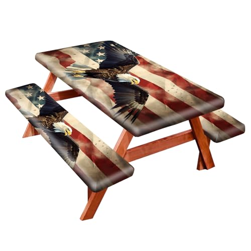 Park Picnic Table Cover with Bench Covers Lightweight Camping Essentials, Oil-Proof Waterproof 3PCS Tablecloth with Elastic, Fitted for Table 6FT Rectangle and Seats, American Flag Eagle (72x30in) - color: American Flag Eagle
